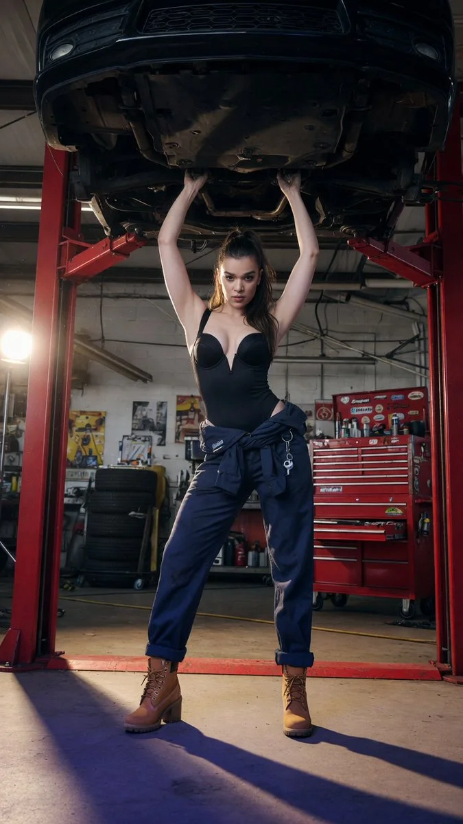 Empowered mechanic in navy overalls stands under a raised vehicle.