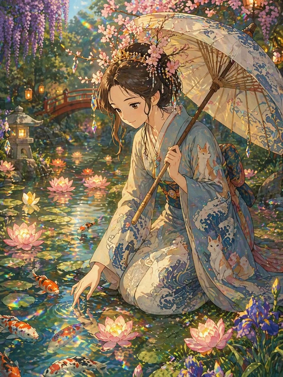 Enchanted Elegance: A Ghibli Princess by the Koi Pond