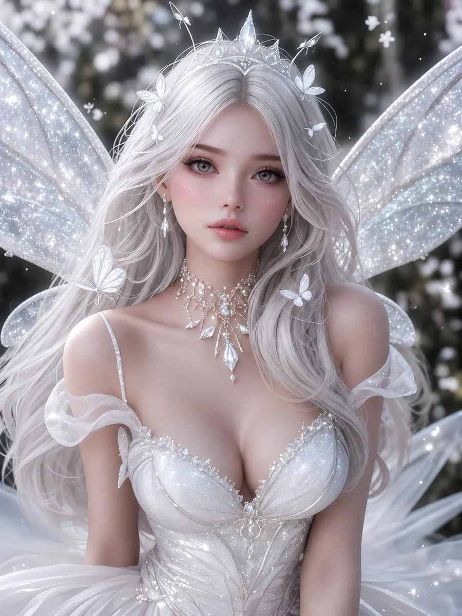 Enchanted fairy queen gazes calmly amid mystical forest with soft mist