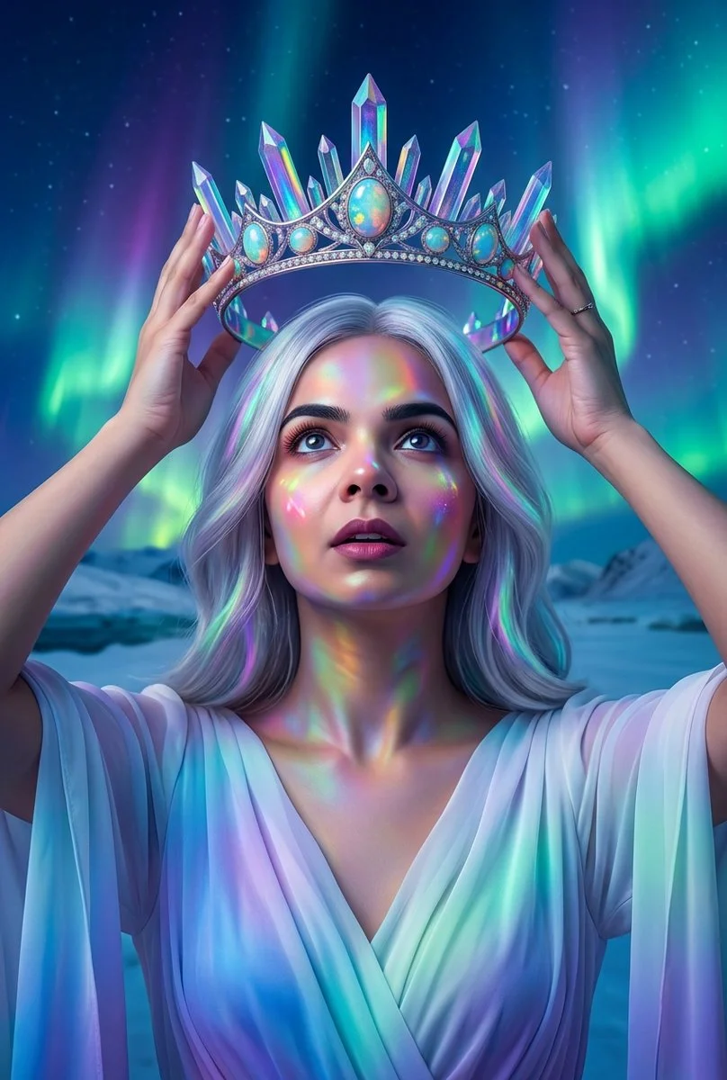 Enchanted woman in white gown crowns herself under starry Arctic sky