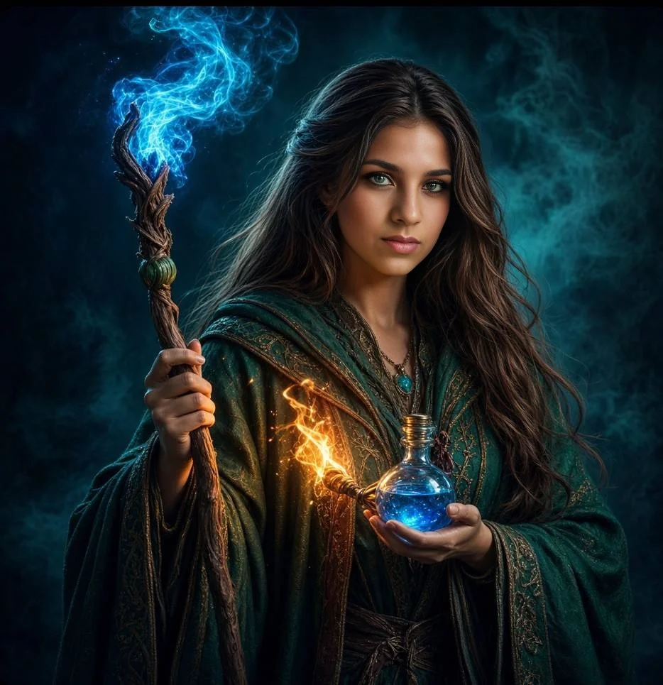 Enchantress wields blue magic staff and potion in mystical setting