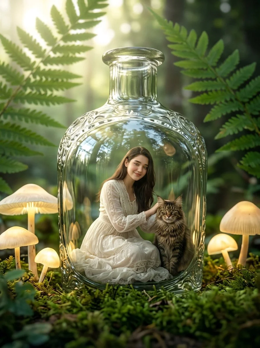 Enclosed Elegance: Woman and Cat Inside a Giant Glass Bottle in a Mystical Forest