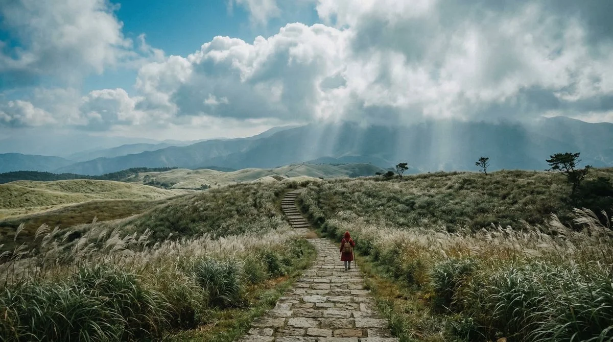 Endless Stone Staircase Through Infinite Pampas Under Vast Sky