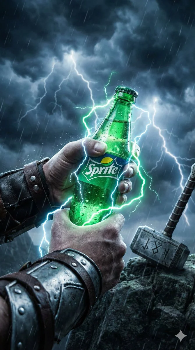 Epic Energy: Soda Superhero in a Stormy Skyline