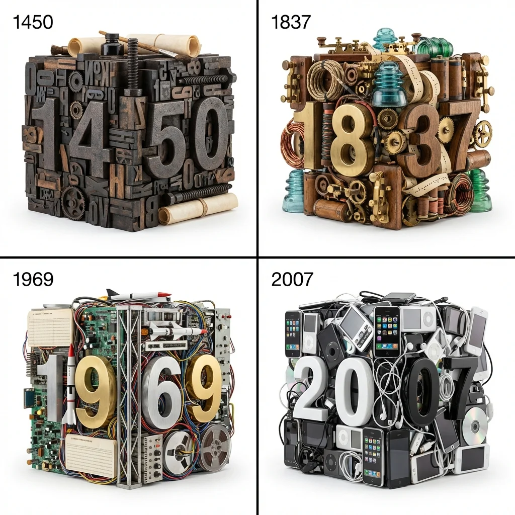 Era Cubes: A 2x2 Grid of Historical Invention Milestones in Hyper-Realistic Detail