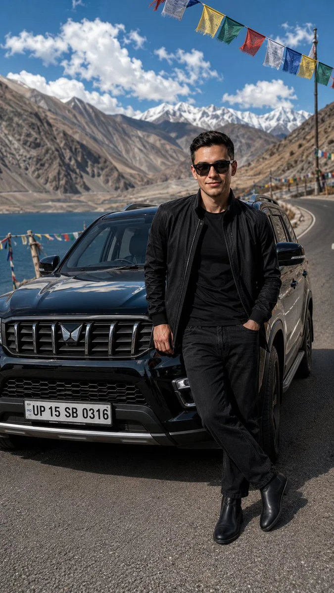 Ethan leans against a black Scorpio-N in Ladakh's rugged terrain