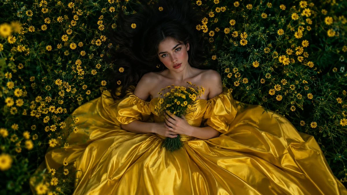 Ethereal beauty cradles yellow blooms in a golden wildflower field
