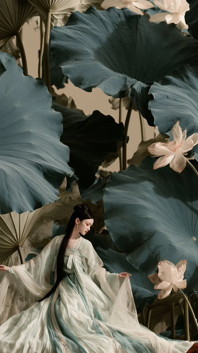 Ethereal Beauty in Ancient Hanfu Lost in Surreal Lotus Garden