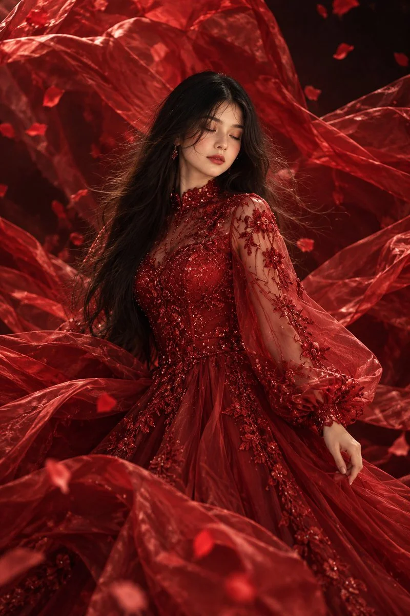 Ethereal beauty in flowing red silk fabric swirls around her