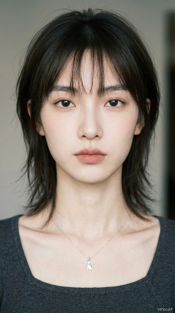 Ethereal Beauty in Grey Knit Top Stares Calmly at Camera