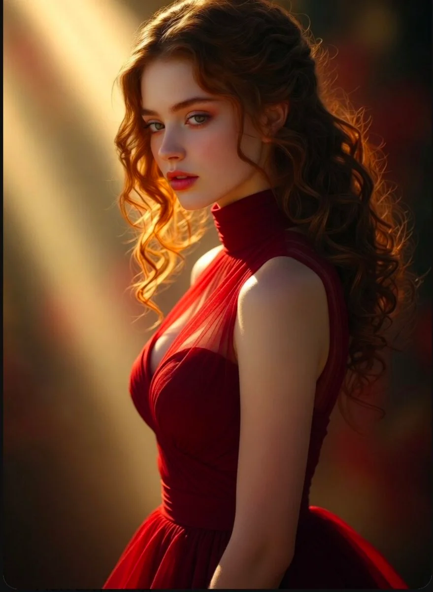 Ethereal beauty in red dress captured with cinematic lighting