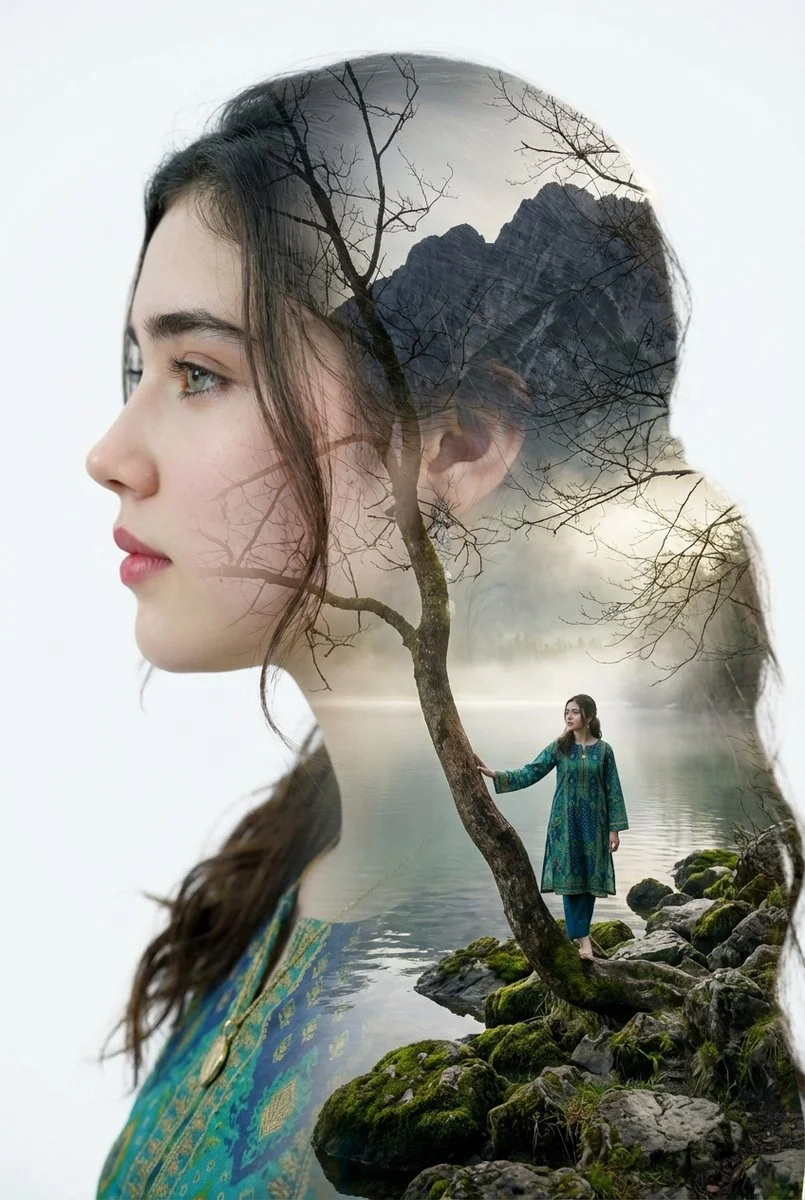 Ethereal Double Exposure: A Portrait Merging Nature and Self