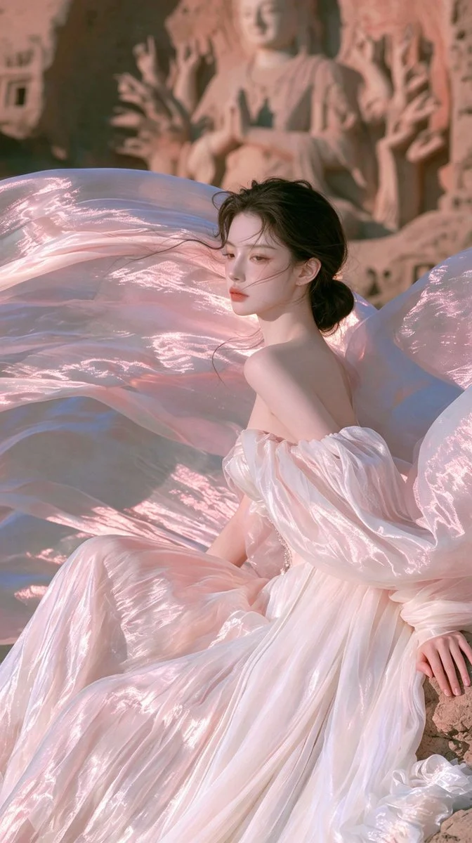 Ethereal East Asian woman in pearl gown sits on ancient cave steps