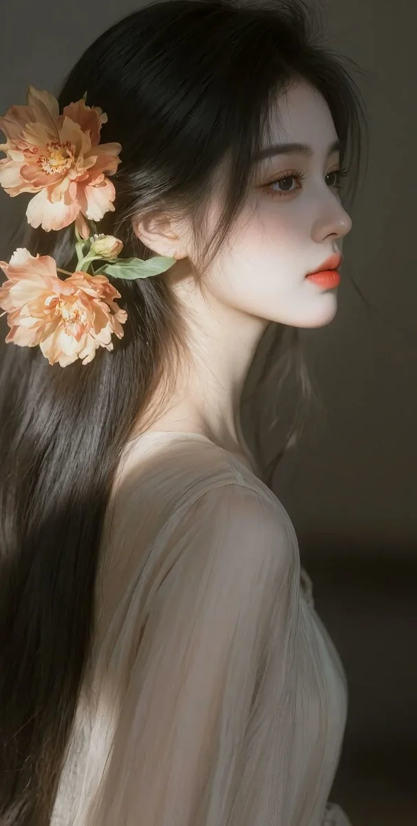 Ethereal East Asian Woman in Sheer Dress with Floral Hair