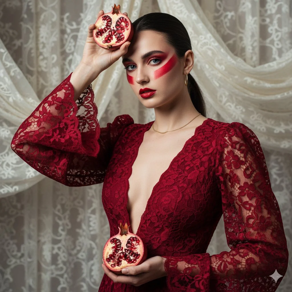 Ethereal Elegance: A Pomegranate Muse in Red