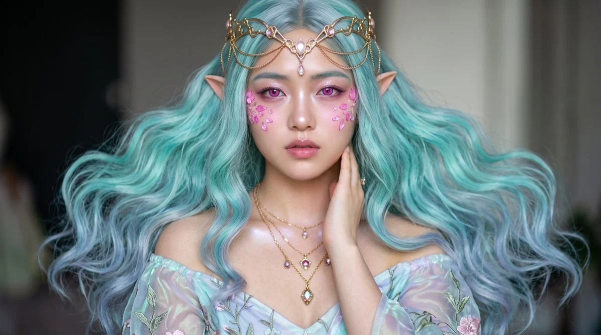Ethereal Elf Woman with Magenta Eyes Gazes Softly in Dreamy Light