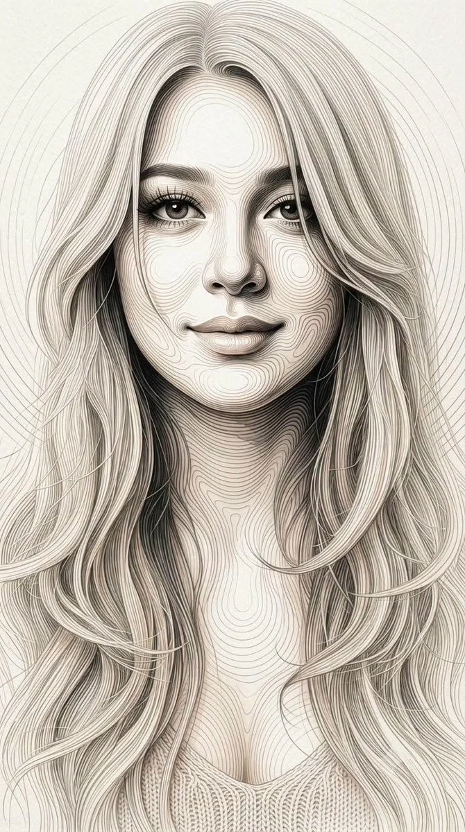 Ethereal face sculpted from flowing concentric contour lines