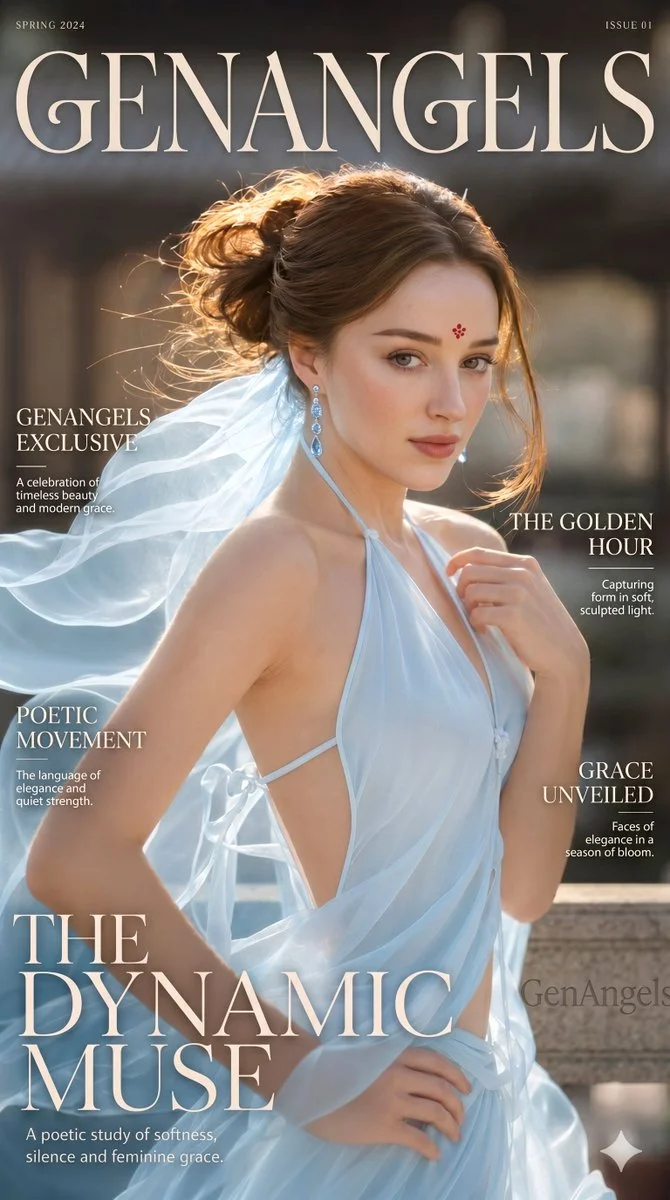 Ethereal fashion portrait merges feminine grace with classical architecture