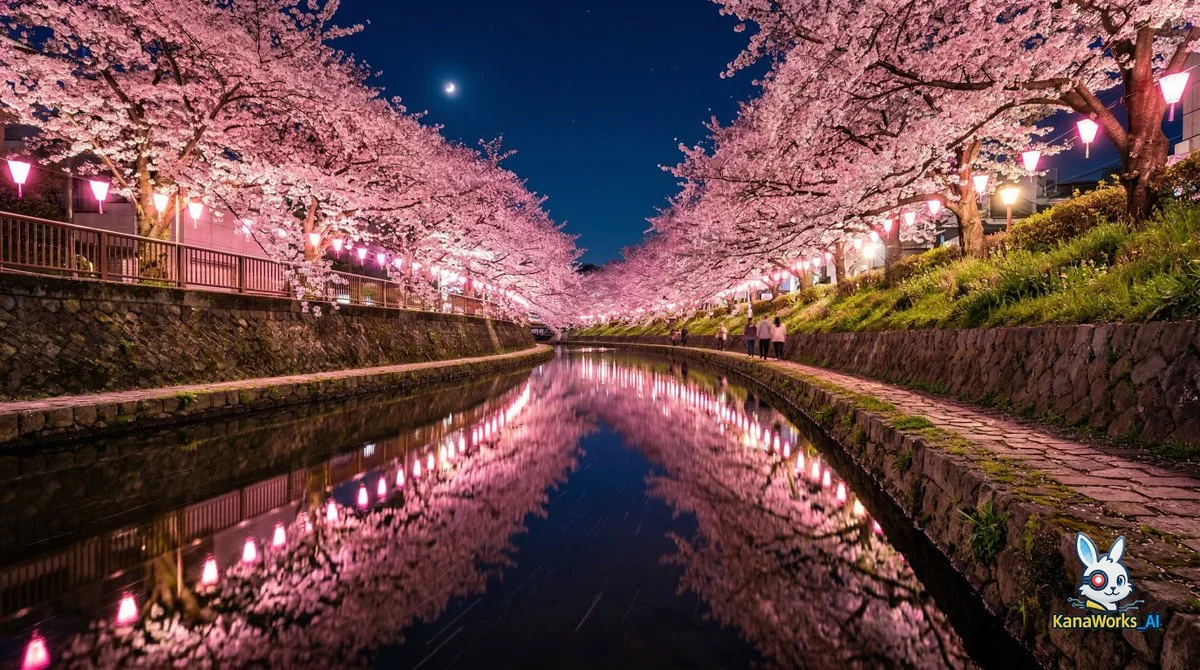Ethereal Nightscape: Blossoms by the Canal
