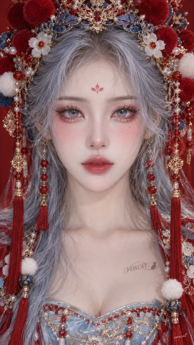 Ethereal Opera Goddess with Ice Blue Hair and Crimson Veil