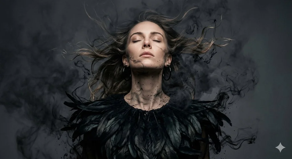 Ethereal Portrait in Raven Feather Elegance Amidst Smoky Veils
