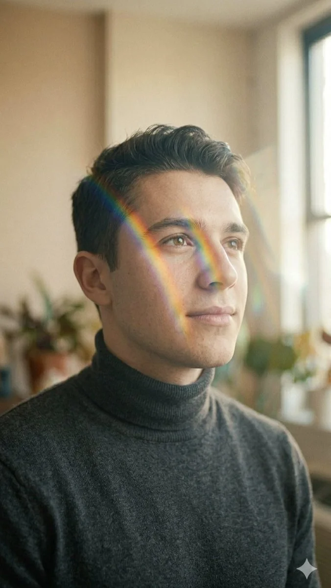 Ethereal Portrait with Prism Light and Textured Turtleneck