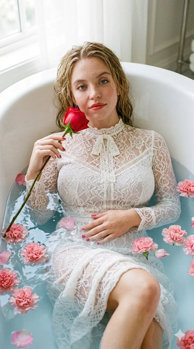 Ethereal Serenity: Alexandra Daddario in a Lace-Clad Bathtub Portrait