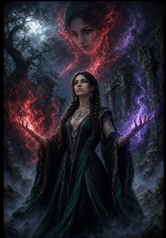 Ethereal Sorceress Summons Twin Magics Beneath Her Spectral Face