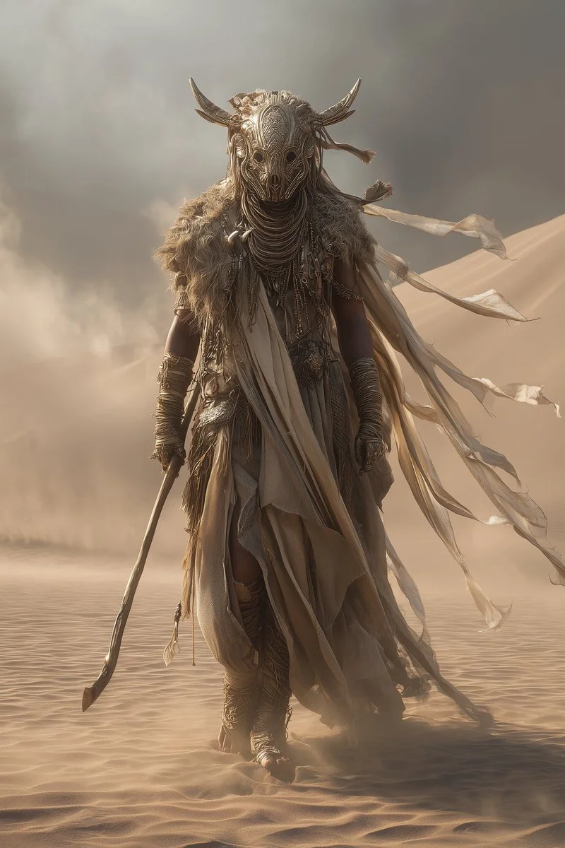 Ethereal War Chief Merging with a Gentle Desert Sandstorm