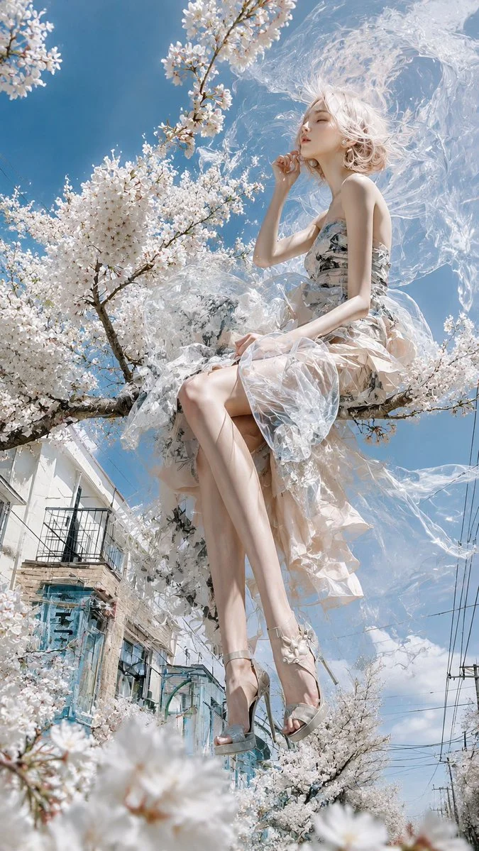 Ethereal woman in translucent gown floats among cherry blossoms