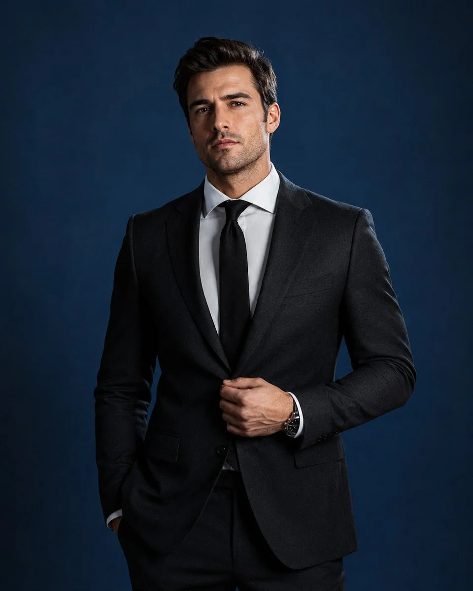 European man in charcoal suit poses against deep blue studio backdrop