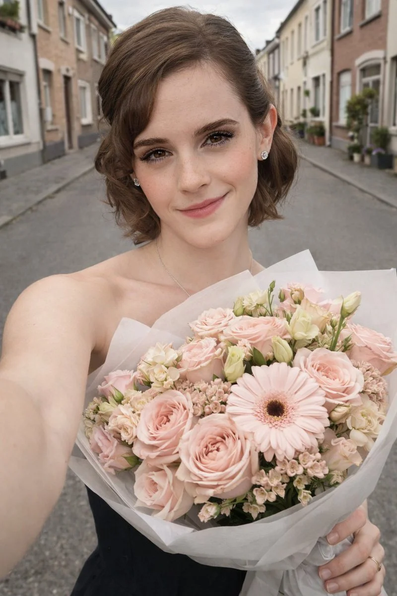 European Street Selfie with Pastel Blooms