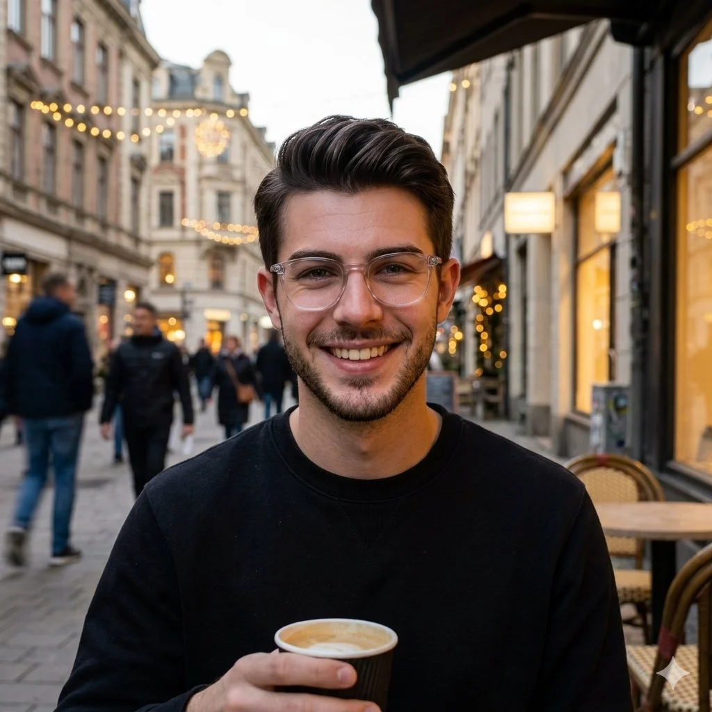 Evening Glow: Urban Portrait of a Smiling Young Man with Coffee