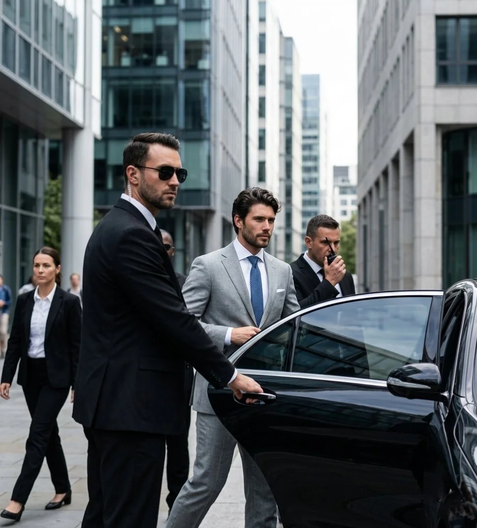 Executive enters luxury sedan flanked by security team in financial district