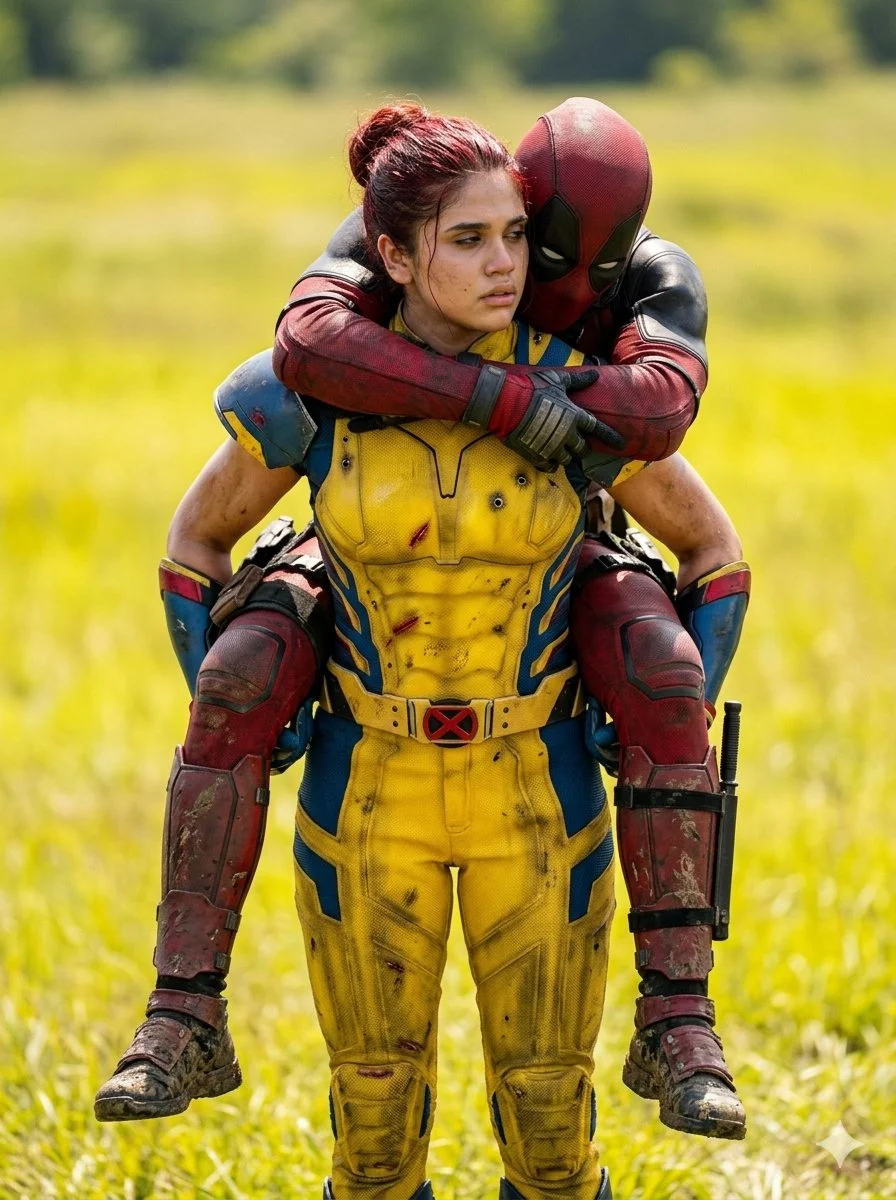 Exhausted superhero carries masked mercenary through sunlit field