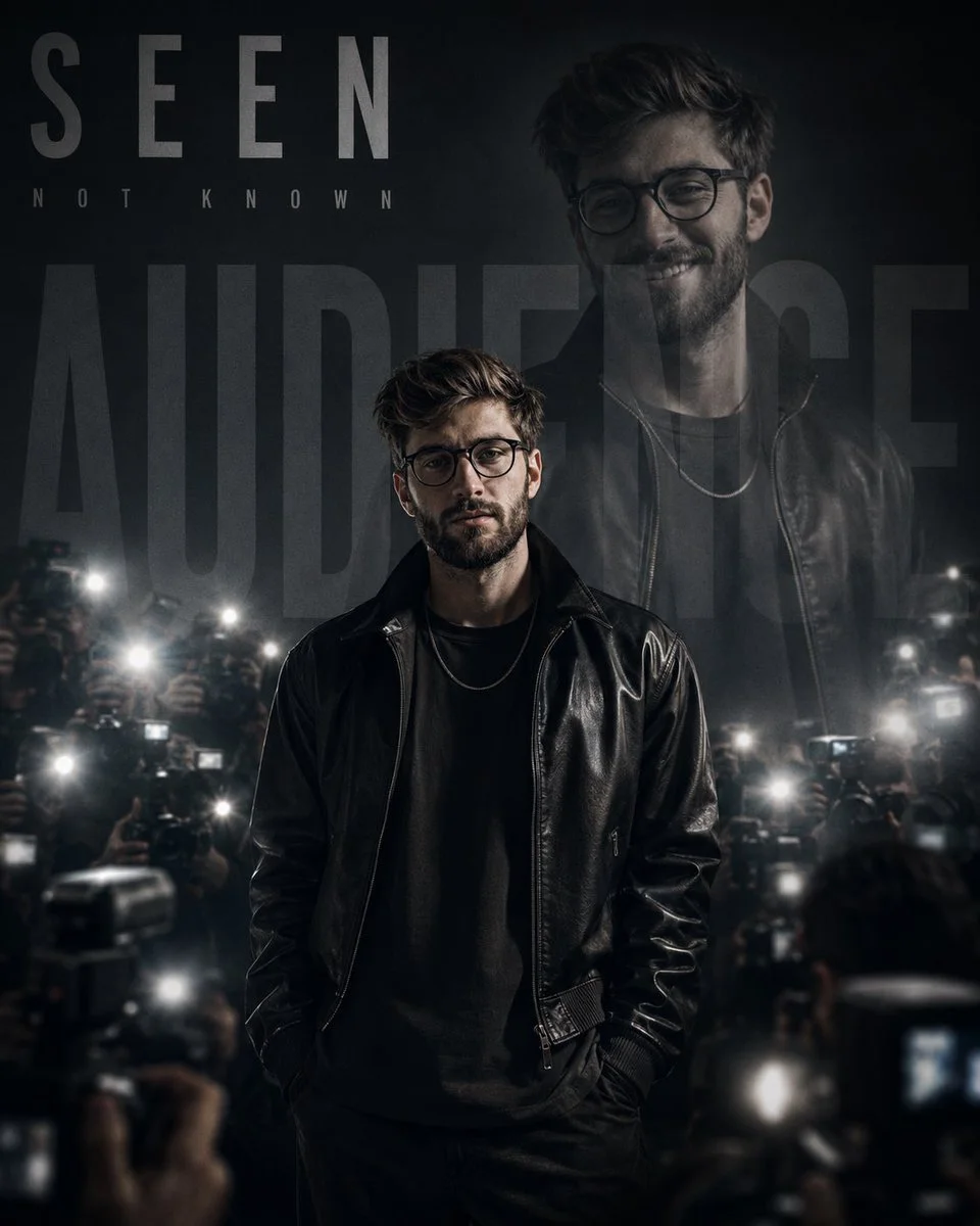 Exhausted young man in monochrome faces blinding paparazzi flashes