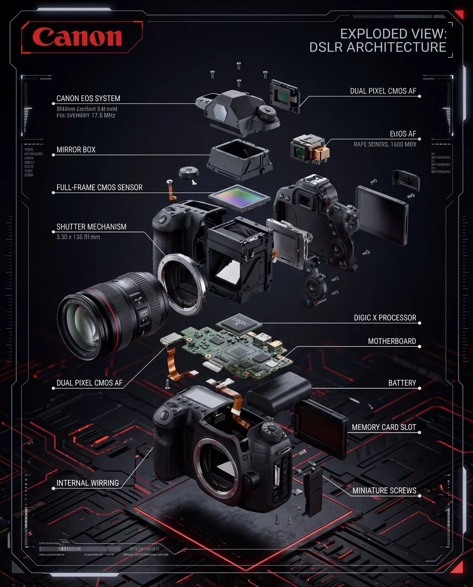 Exploded Canon DSLR reveals precision engineering in cinematic red and black
