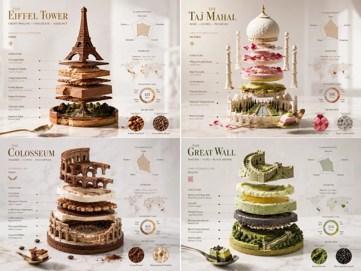 Exploded entremet reveals layered mousse and glaze on marble
