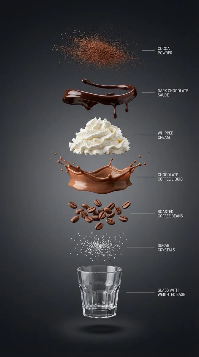 Exploded view of a chocolate coffee drink with floating layers