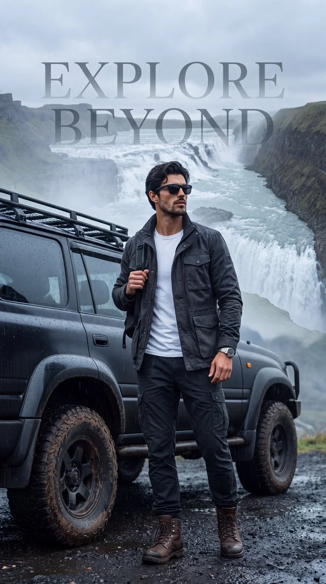 Explorer stands by black SUV amid misty waterfall landscape