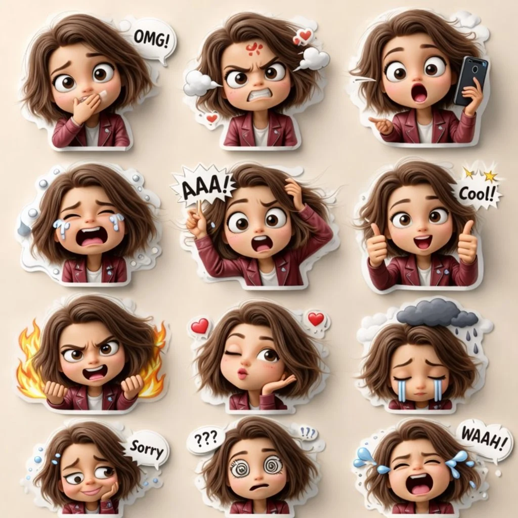 Expressive 3D Cartoon Girl Sticker Pack with Diverse Emotions
