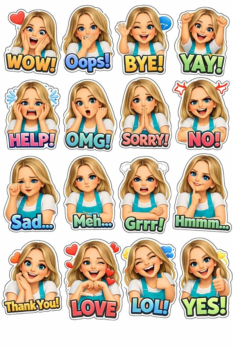 Expressive Cartoon Stickers with Bold Text