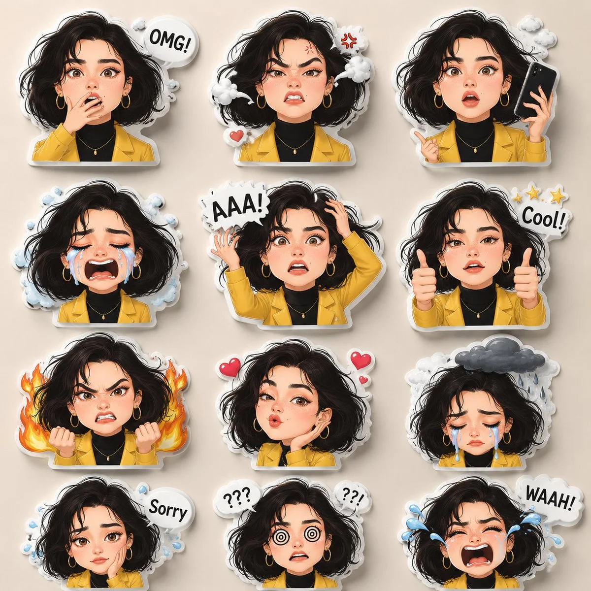 Expressive chibi sticker set showcases girl's face in mustard jacket