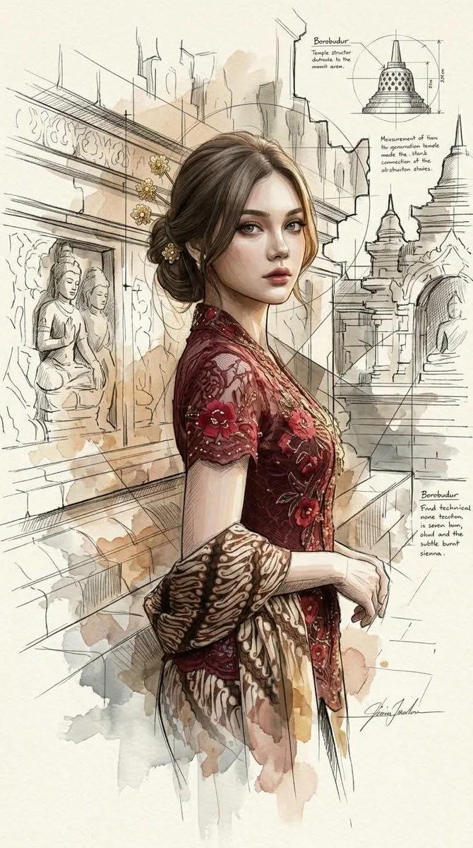 Expressive mixed-media sketch blends architectural ink with watercolor blooms
