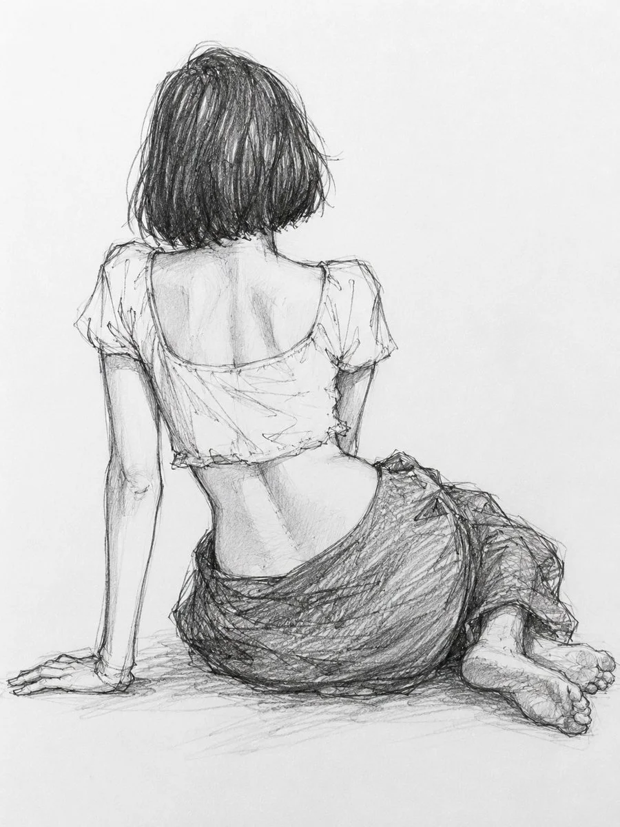 Expressive pencil drawing captures casual seated pose of a girl