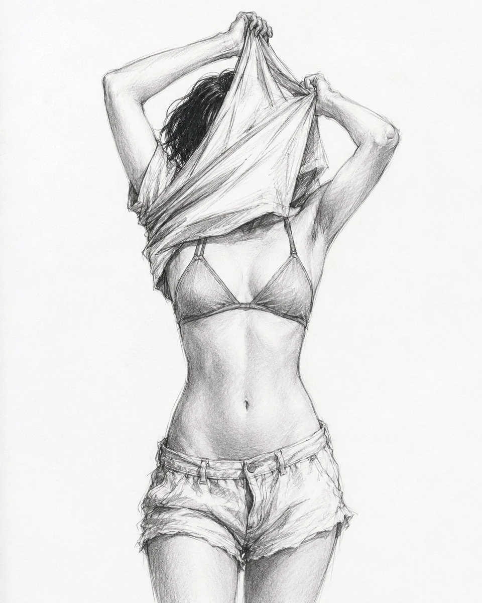 Expressive pencil drawing shows a female figure with raised arms and hidden face