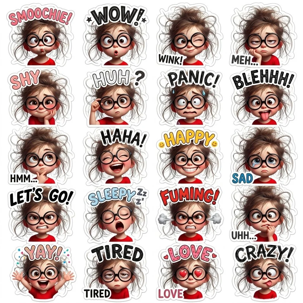 Expressive Sticker Set Featuring a Girl with Wild Hair and Glasses