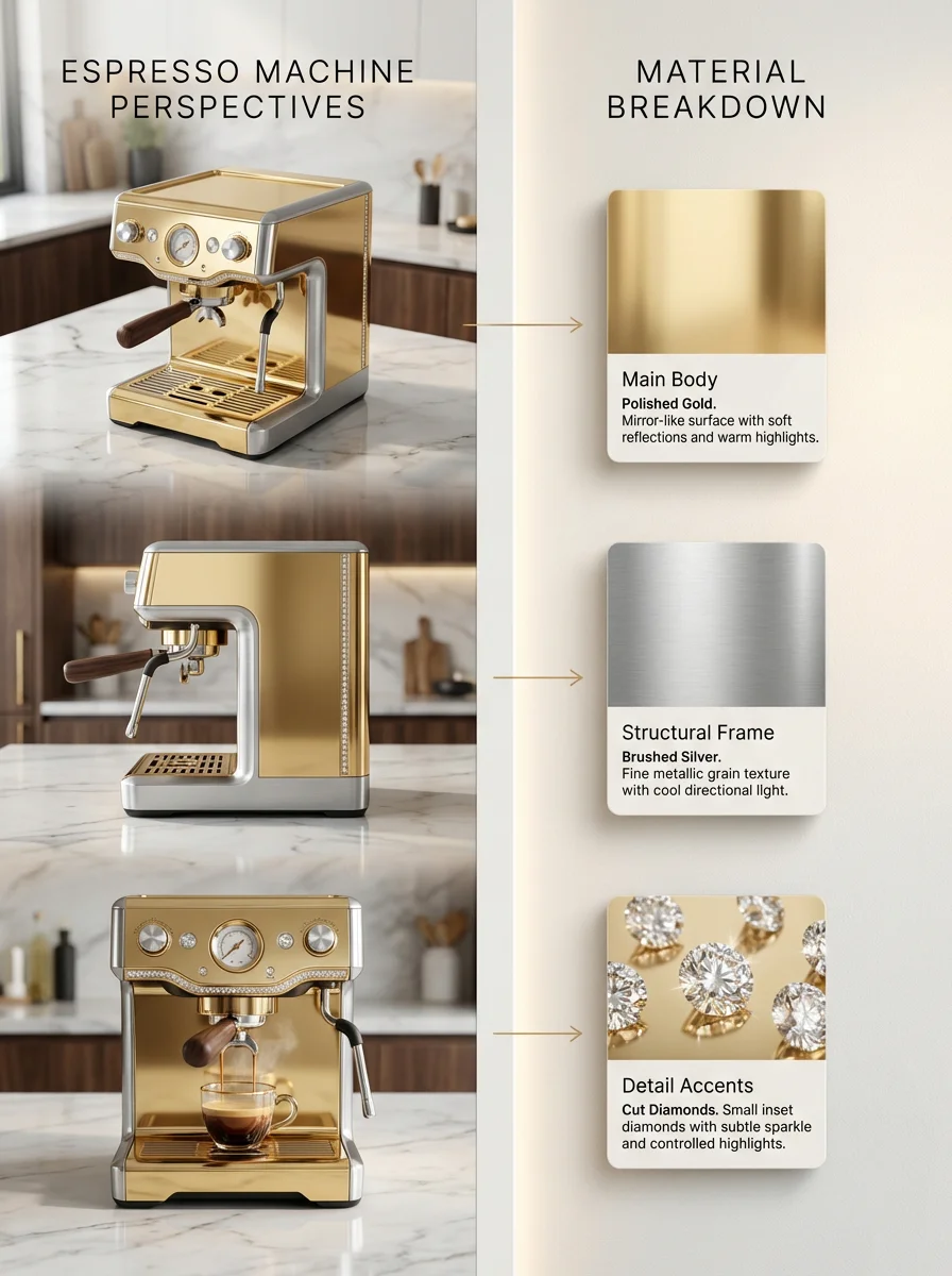 Exquisite Luxury Espresso Machine with Gold and Diamond Detailing