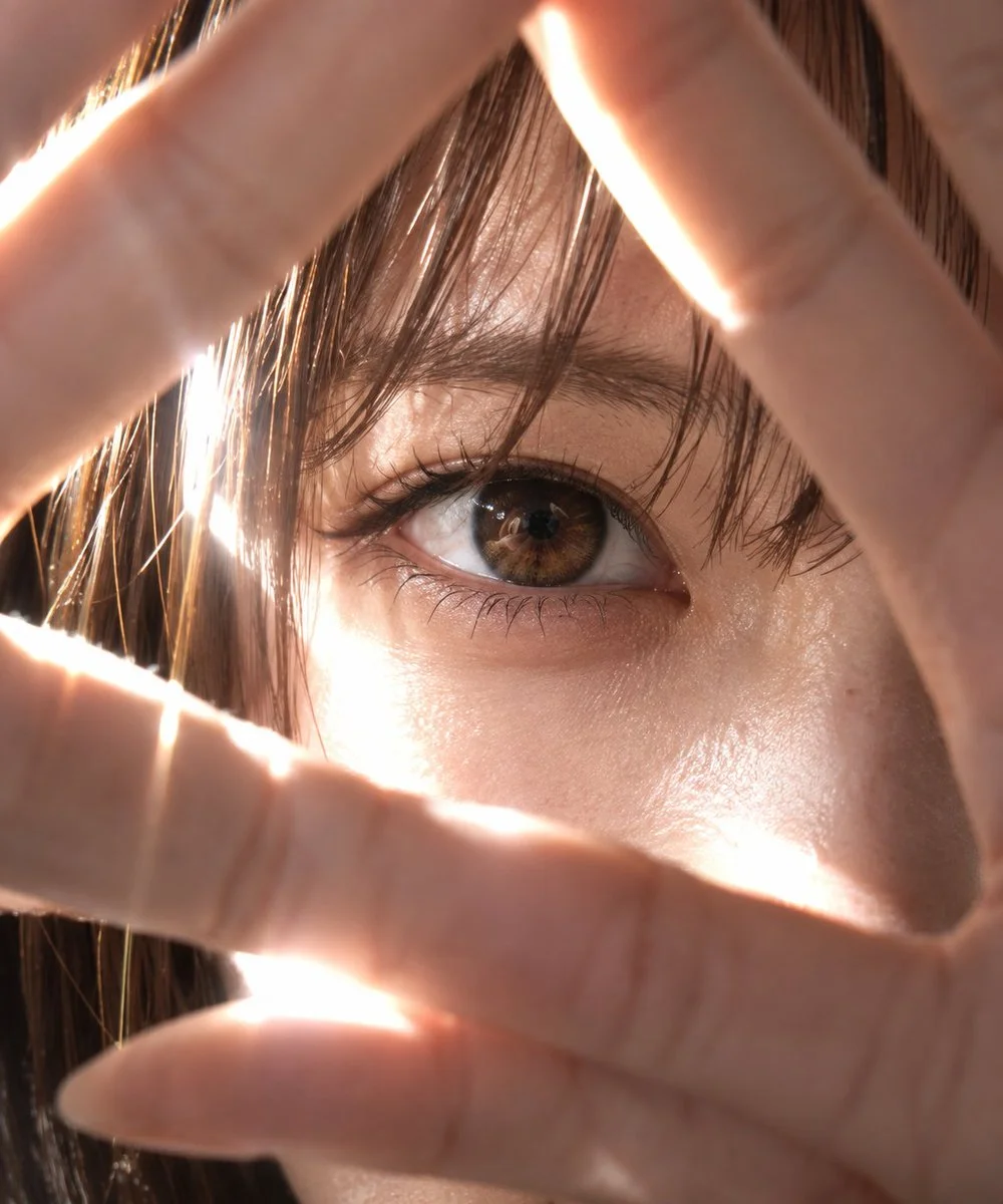Extreme close-up of a Japanese eye peering through finger triangle