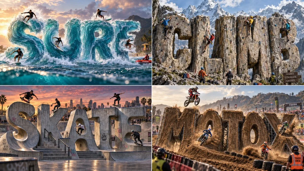 Extreme Sports Word Art Grid Highlights Four Dynamic Action Scenes